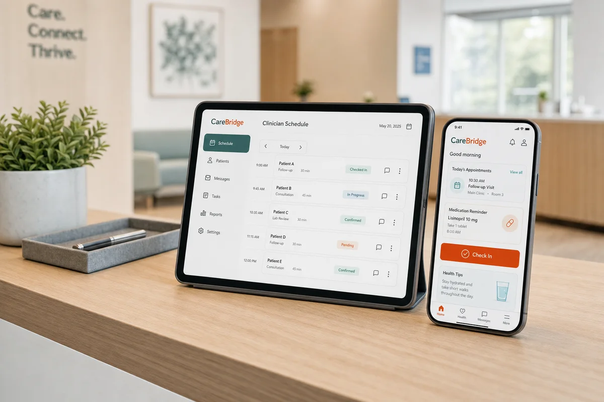 CareBridge healthcare app displayed on a tablet and phone in a realistic clinic reception setting