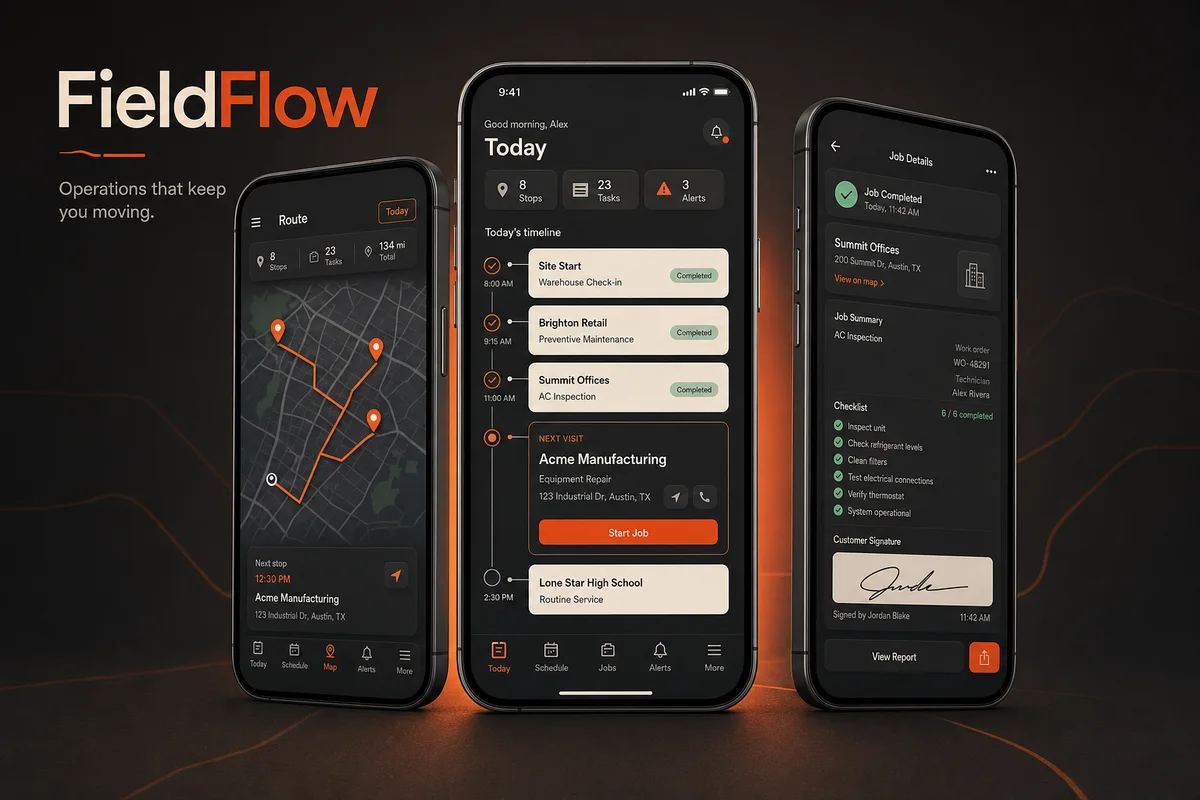 FieldFlow mobile app concept showing technician routes, today's jobs, and a completed field-service work order