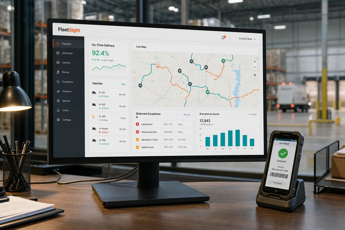 FleetSight logistics dashboard displayed at a realistic warehouse control desk with a parcel scanner
