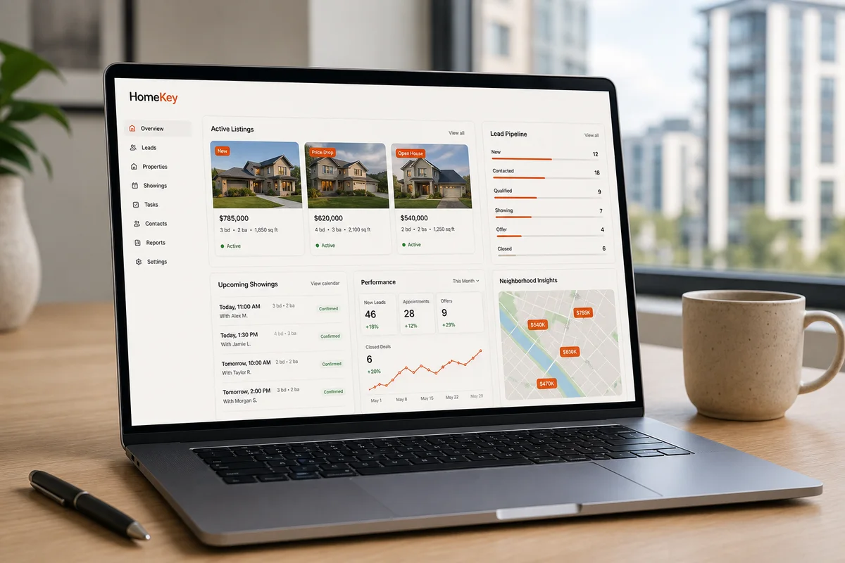 HomeKey real-estate CRM displayed on a laptop in a realistic modern office
